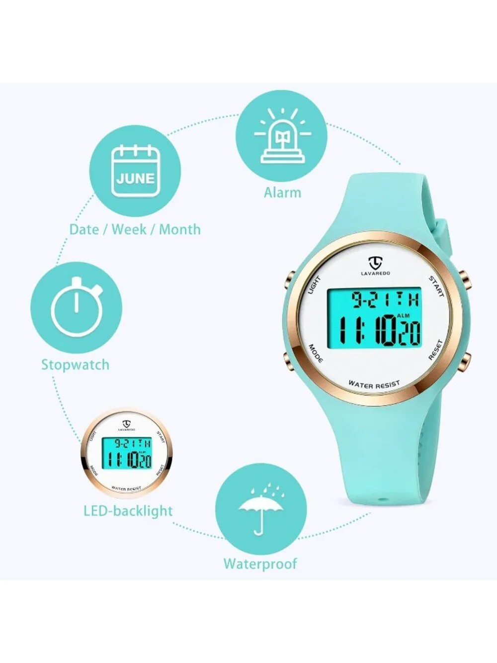 Women's Green White Quartz Chronograph Waterproof Outdoor Sport Digital Watch
